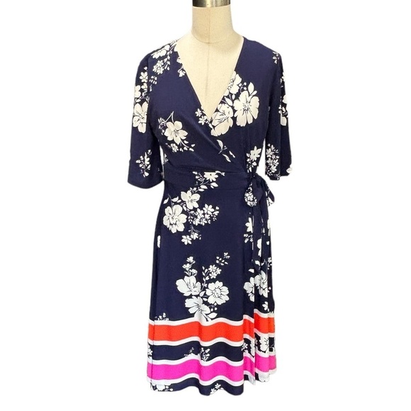 Vince Camuto Navy orange pink Floral Print Faux-Wrap Dress Size 4